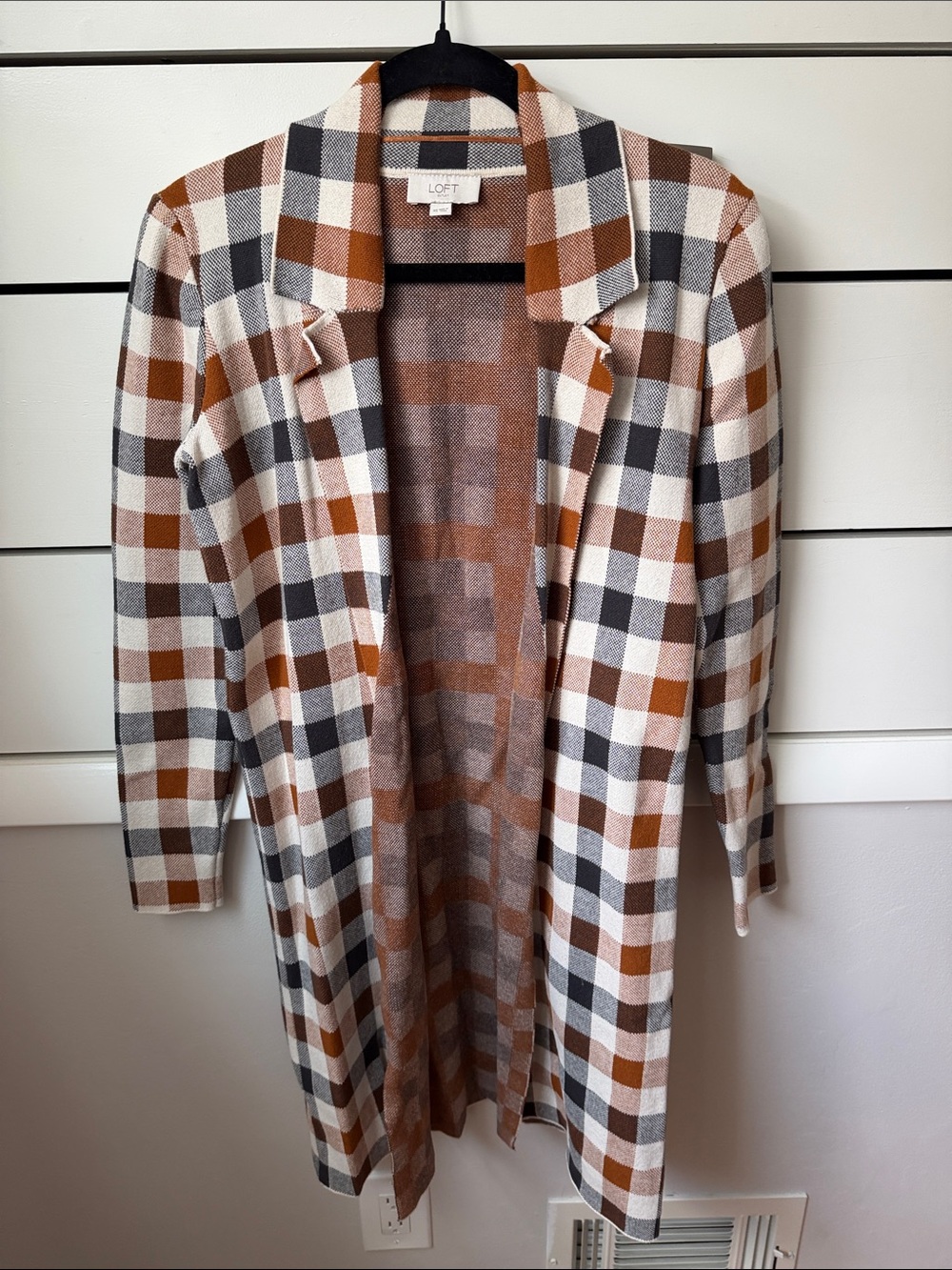 LOFT Plaid Open-Front Cardigan in Cream, Brown, Gray